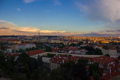 High angle view of townscape against sky at sunset