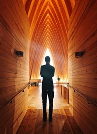 Rear view of silhouette man standing in illuminated building