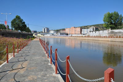 Scenic view of river by buildings against clear blue sky