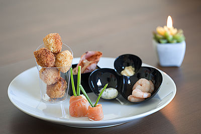 High angle view of fruits in plate on table