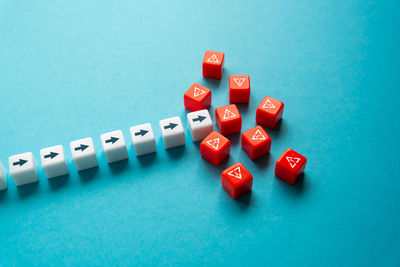 High angle view of pills on blue background