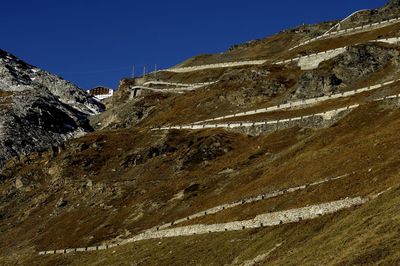 Low angle view of rocky mountains against clear sky