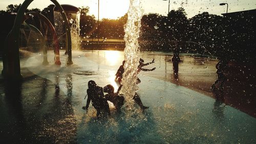 Silhouette people in water at park