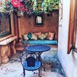 Potted plants on window of building