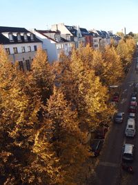 Houses and trees in city against sky