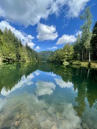 Scenic view of lake by trees against sky