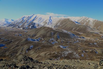 Scenic view of snowcapped mountains against clear blue sky