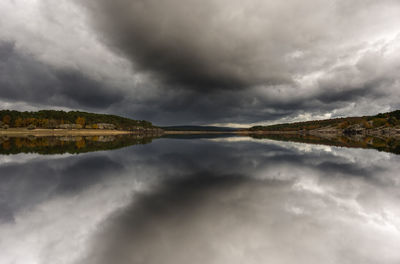 Scenic view of lake against cloudy sky