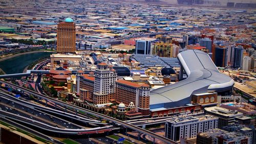 High angle view of buildings in city