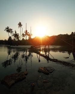 Silhouette palm trees by lake against sky during sunset