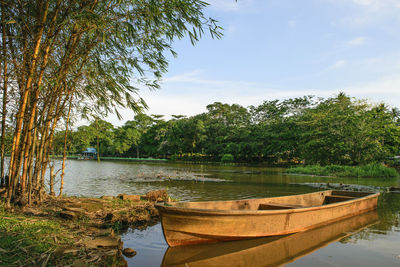 Boats moored on river by trees