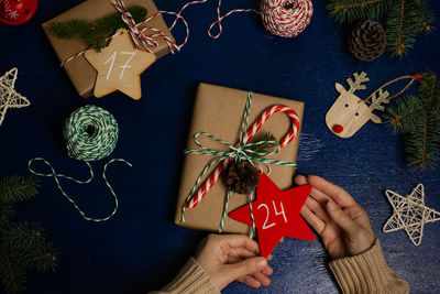 High angle view of christmas decoration on table