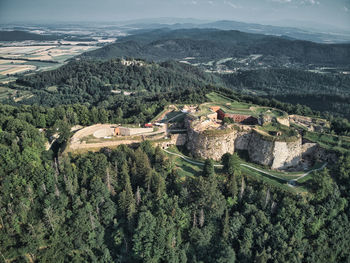 High angle view of townscape by sea