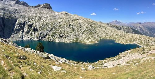 Panoramic view of lake and mountains against sky