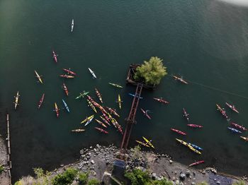 High angle view of boats in sea