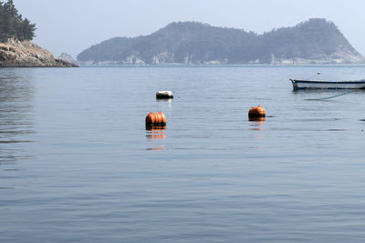 View of buoys in sea against clear sky during sunny day