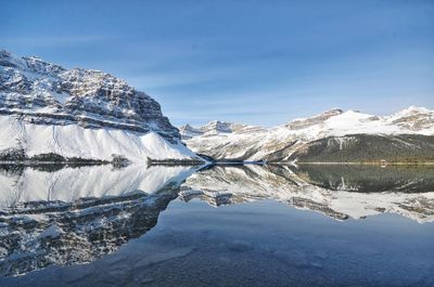 Scenic view of frozen lake against mountain during winter