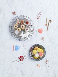 High angle view of multi colored candies on table