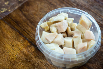 High angle view of chopped in bowl on table