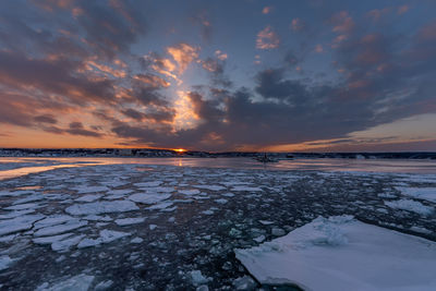 Scenic view of frozen lake against sky during sunset