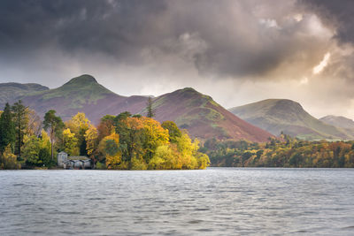 Scenic view of lake and mountains against sky