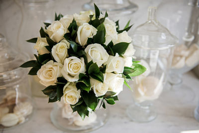 High angle view of rose bouquet on table