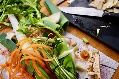 High angle view of chopped vegetables on cutting board