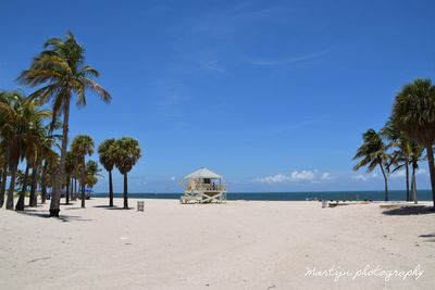 Scenic view of beach against blue sky