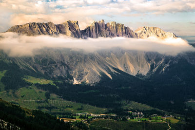 Latemar and carezza mountain panorama in unesco dolomite alps, val di fassa, trentino, italy