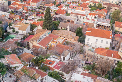 Aerial view of preserved historic buildings in the plaka neighborhood of athens, greece