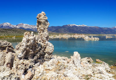 Scenic view of sea against clear blue sky