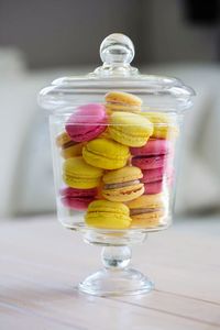Close-up of macaroons in glass jar