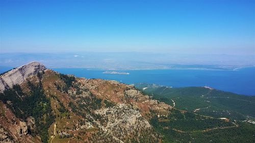 Scenic view of sea and mountains against blue sky