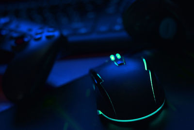 High angle view of illuminated lamp on table