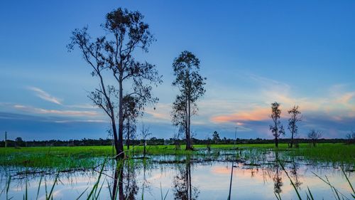 Scenic view of lake against sky during sunset