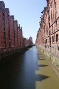 Canal amidst buildings against clear sky