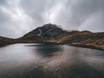 Scenic view of lake and mountains against sky