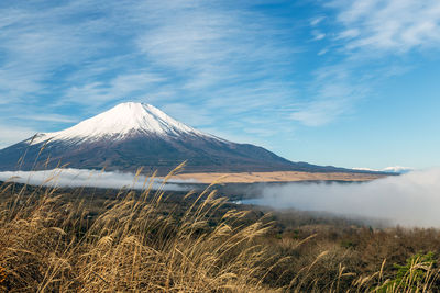 Scenic view of snowcapped mountain against cloudy sky