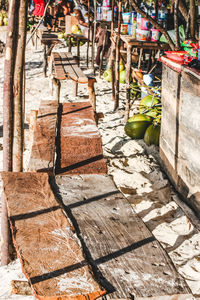 High angle view of market stall on footpath by building