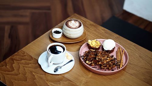 High angle view of breakfast on table