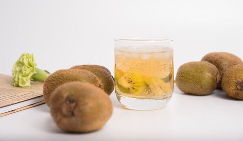 Close-up of fruits in glass on table