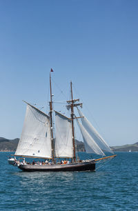 Sailboat sailing on sea against clear sky