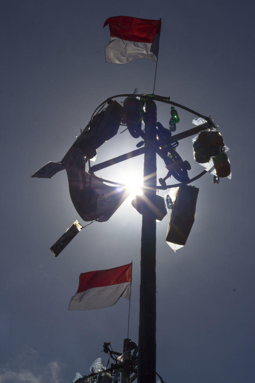 LOW ANGLE VIEW OF FLAG HANGING AGAINST SKY