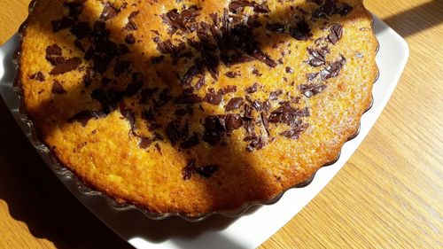 High angle view of cake in plate on table