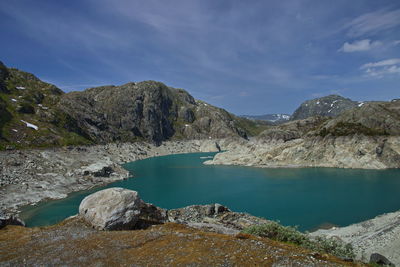 Scenic view of lake and mountains against sky