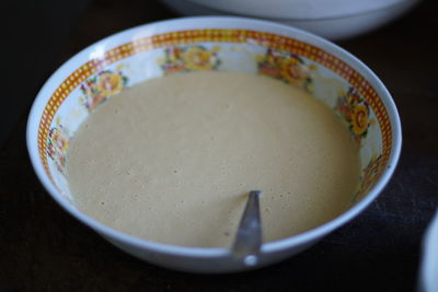 High angle view of soup in bowl on table