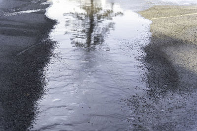 High angle view of puddle on road in winter