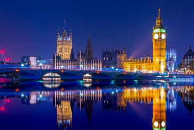 Reflection of illuminated buildings in river at night