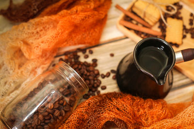 High angle view of breakfast on table
