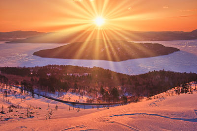 Snowy scenery of lake kussharo in winter